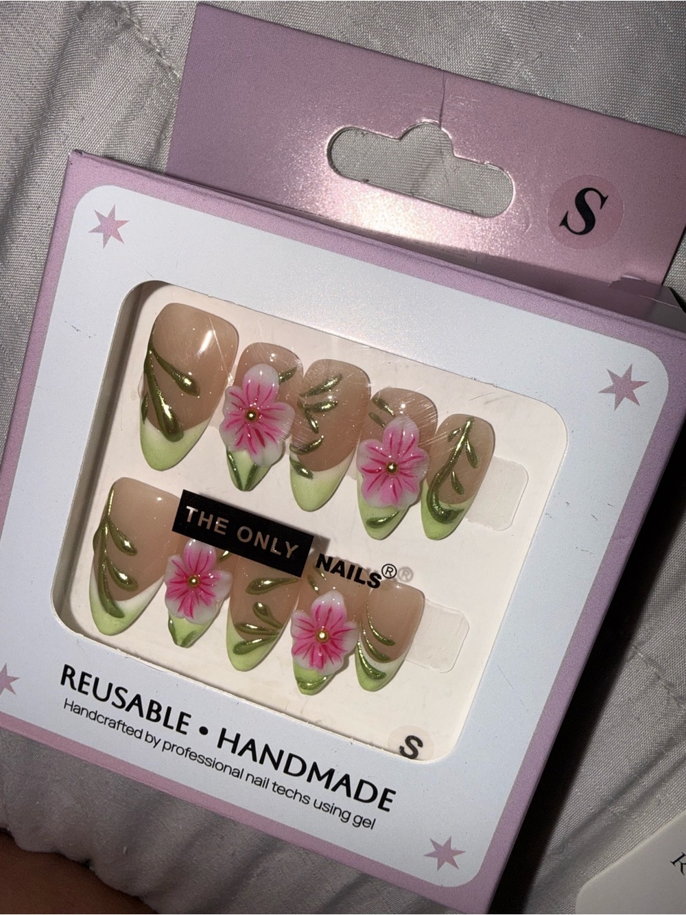 The Only Nails Handmade Floral Press-On Nails — Pink & Green Accent Set